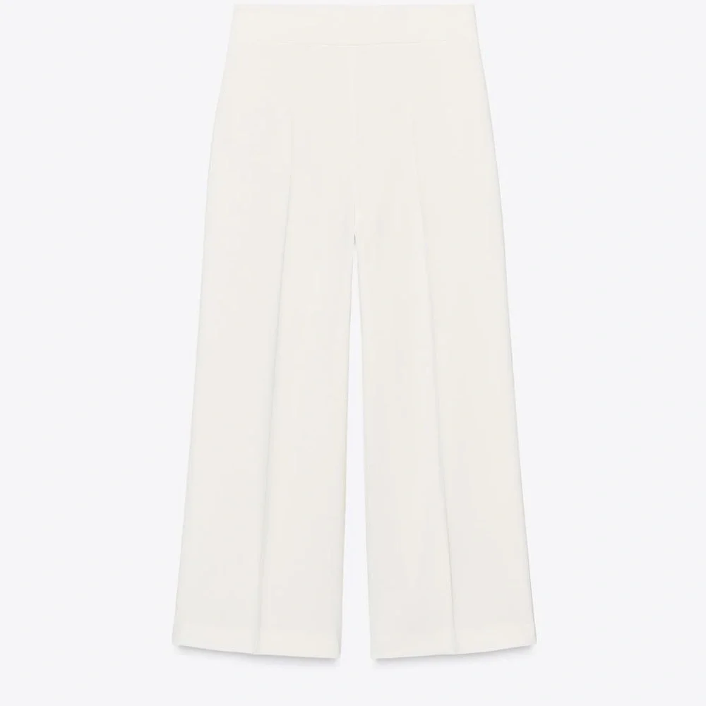 Zara NWT wide straight leg semi cropped elegant white trouser pants side zip